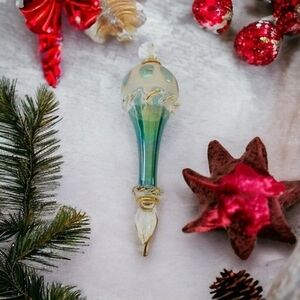 Vintage Egyptian Teardrop Glass Ornament Xmas Tree Decoration Green Gold Holiday
